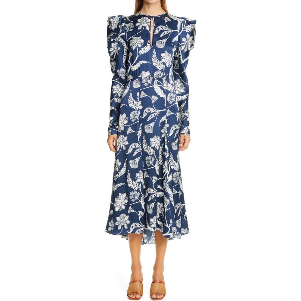 JOHANNA ORTIZ Wild Blue Botanical-print Silk-charmeuse Midi Dress size 10